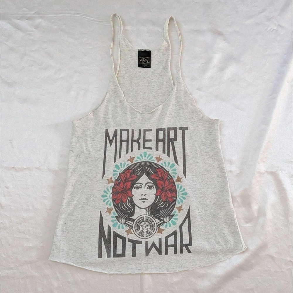 OBEY Make Art Not War Heather Gray Graphic Racerback Tank Top Small Pre-Owned